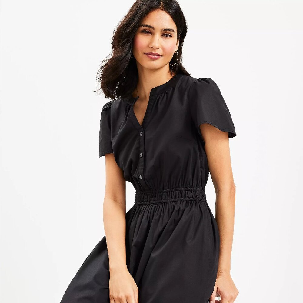 Loft Smocked Waist Button Midi Dress | Black | Medium